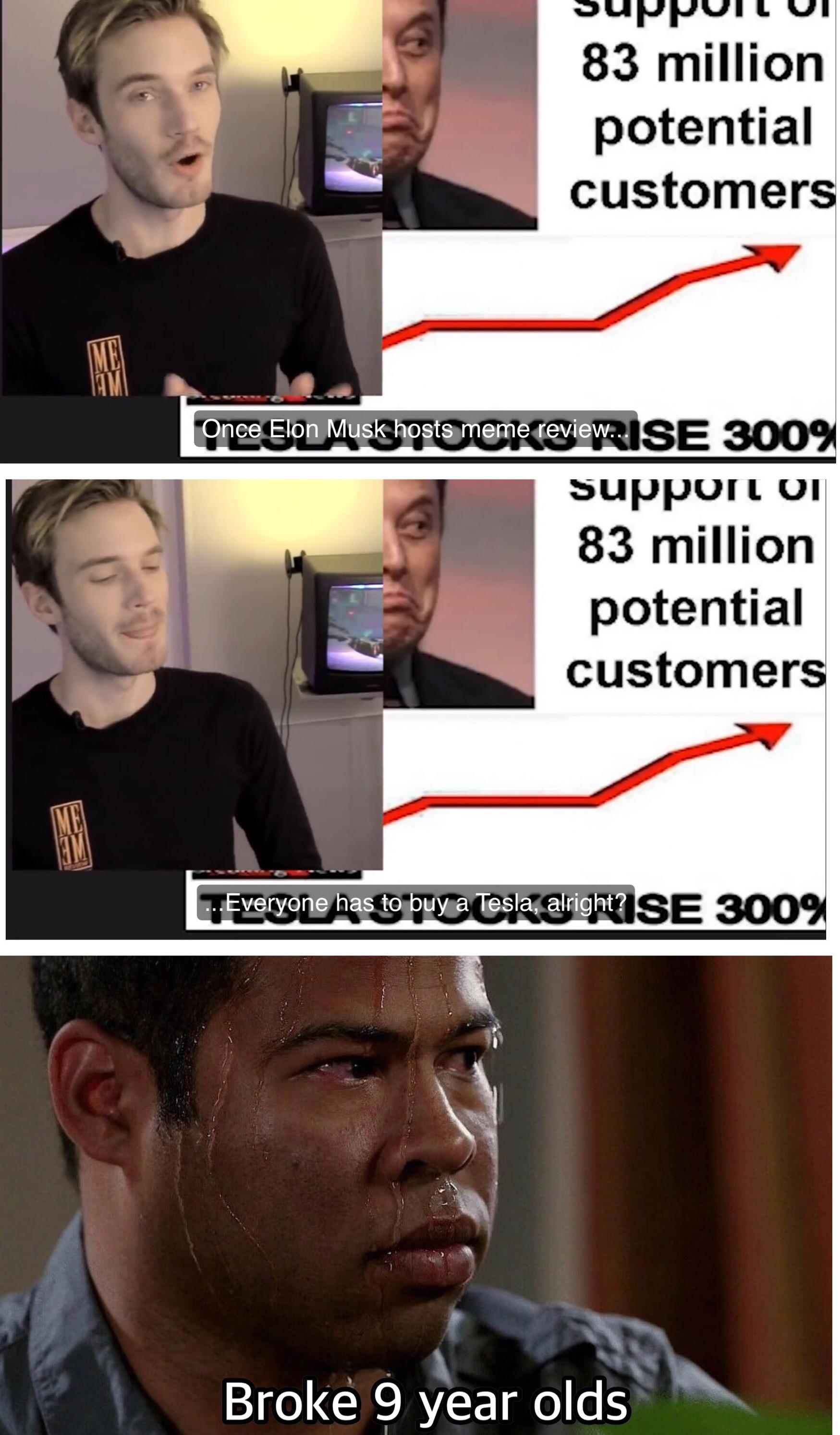 Spacex ceo and cultural icon elon musk appears as a host on pewdiepie's meme review show, with the youtube video managing to break over 7&nbsp;. When You Re Celebrating Elon Musk S Meme Review But Then You Realised That You Can T Afford A Tesla This Meme Is Still Relevant God Dammit R Pewdiepiesubmissions