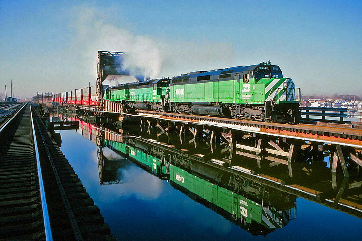 Looking like a Burlington Northern train to all the world, with Cascade Green F45s and SD45s for power, this is actually the New York, Susquehanna & Western at Little Ferry, New Jersey