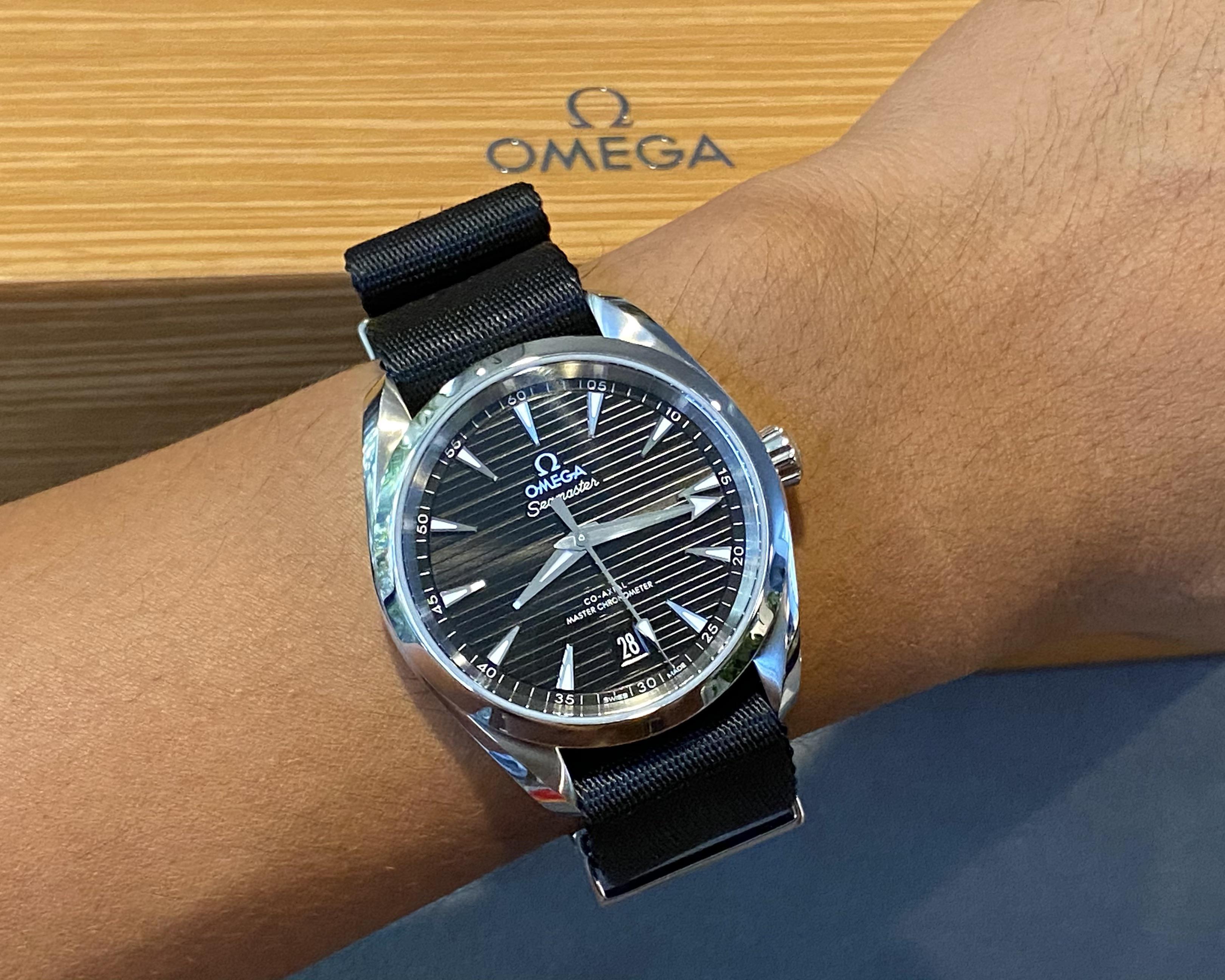 I've considered an omega nato, . The Stainless Steel Bracelet With Polished Center Links Was Making My 38mm Black Dial Aqua Terra Look Too Dressy Changing Out To An Omega Solid Black Nato Strap Feels Much More Suited
