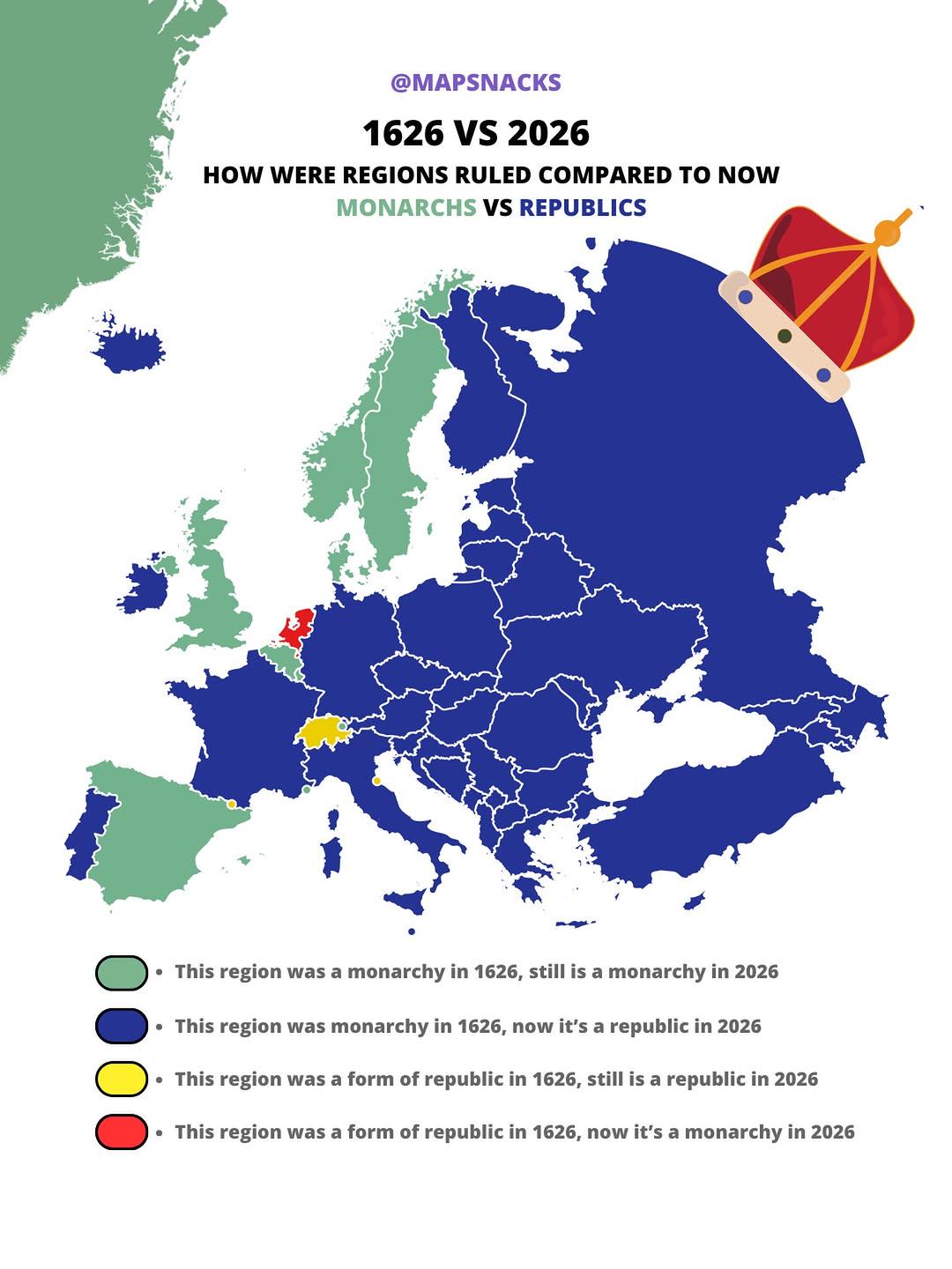 Map Showing The Status Of Monarchies And Republics In Europe In 1626 Vs 