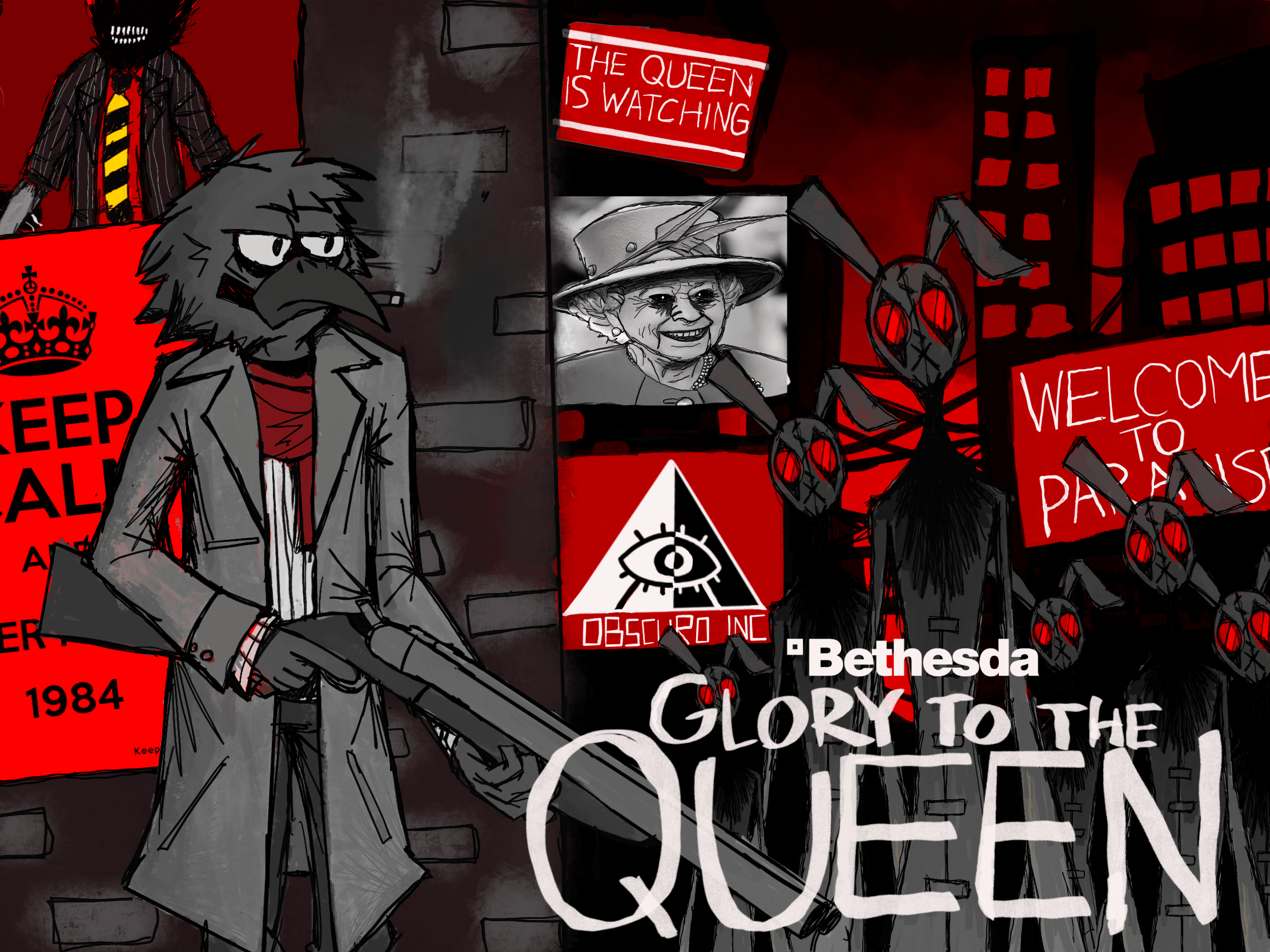 Had a dream that Bethesda Softworks made Glory to the Queen, an  open-world roguelike RPG horror game where youre trapped in an alternate  universe where Queen Elizabeth is somehow still alive and