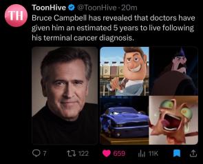 Bruce Campbell the man behind the announcer voice in the 2002 Spider-Man, Spider-Man 2, and Spider-Man 3 Game and the same dude who acted in Sam Rami Spider-Man movie has unfortunately revealed that he was diagnosed with terminal cancer