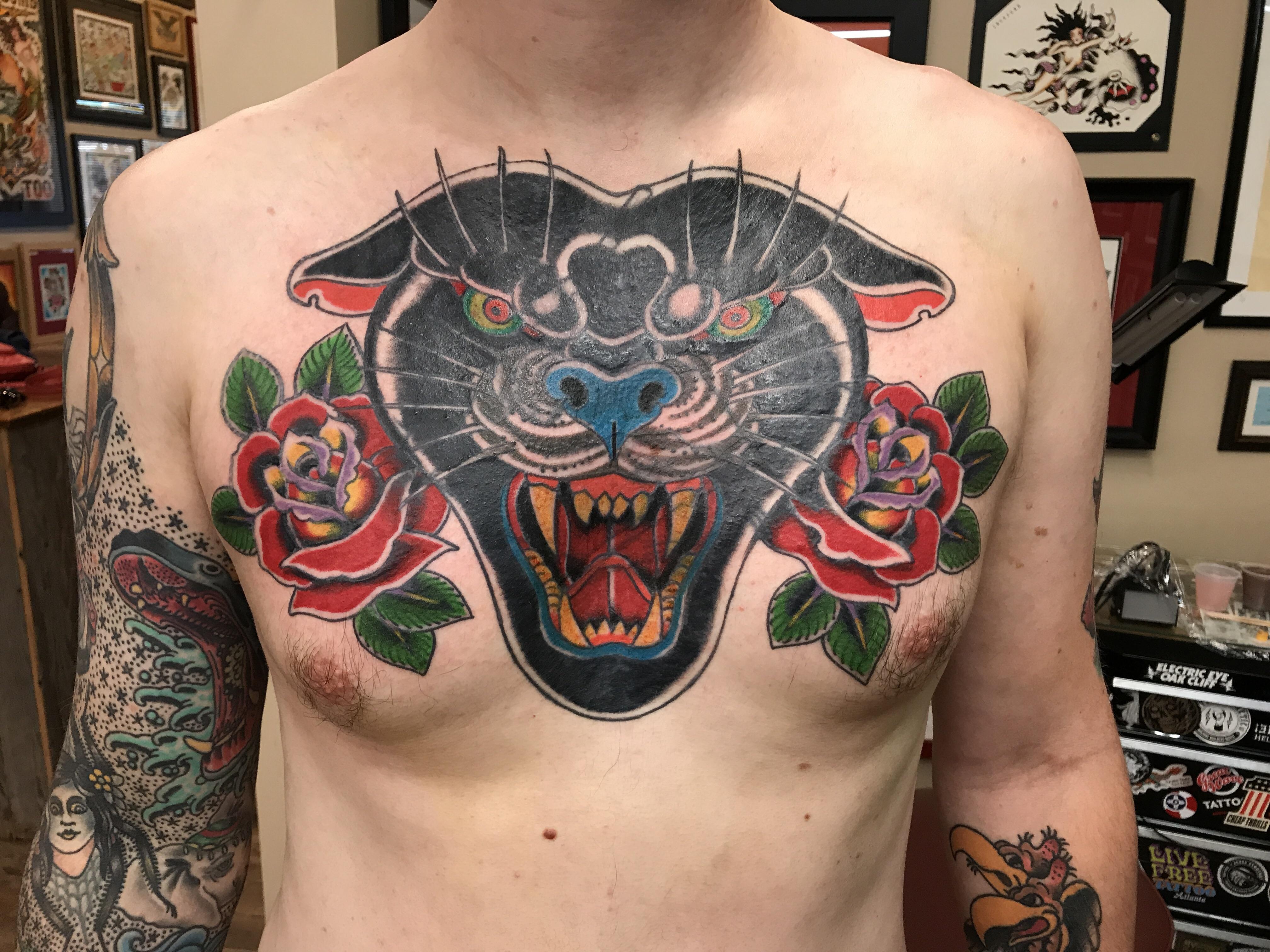 Panther Coverup Chest Piece By Shaila Roach At Hell Bomb Tattoo In Wichita Ks Black Is Healed In This Photo Some Was Gone Over During The Last Session Color Is Fresh Tattoos
