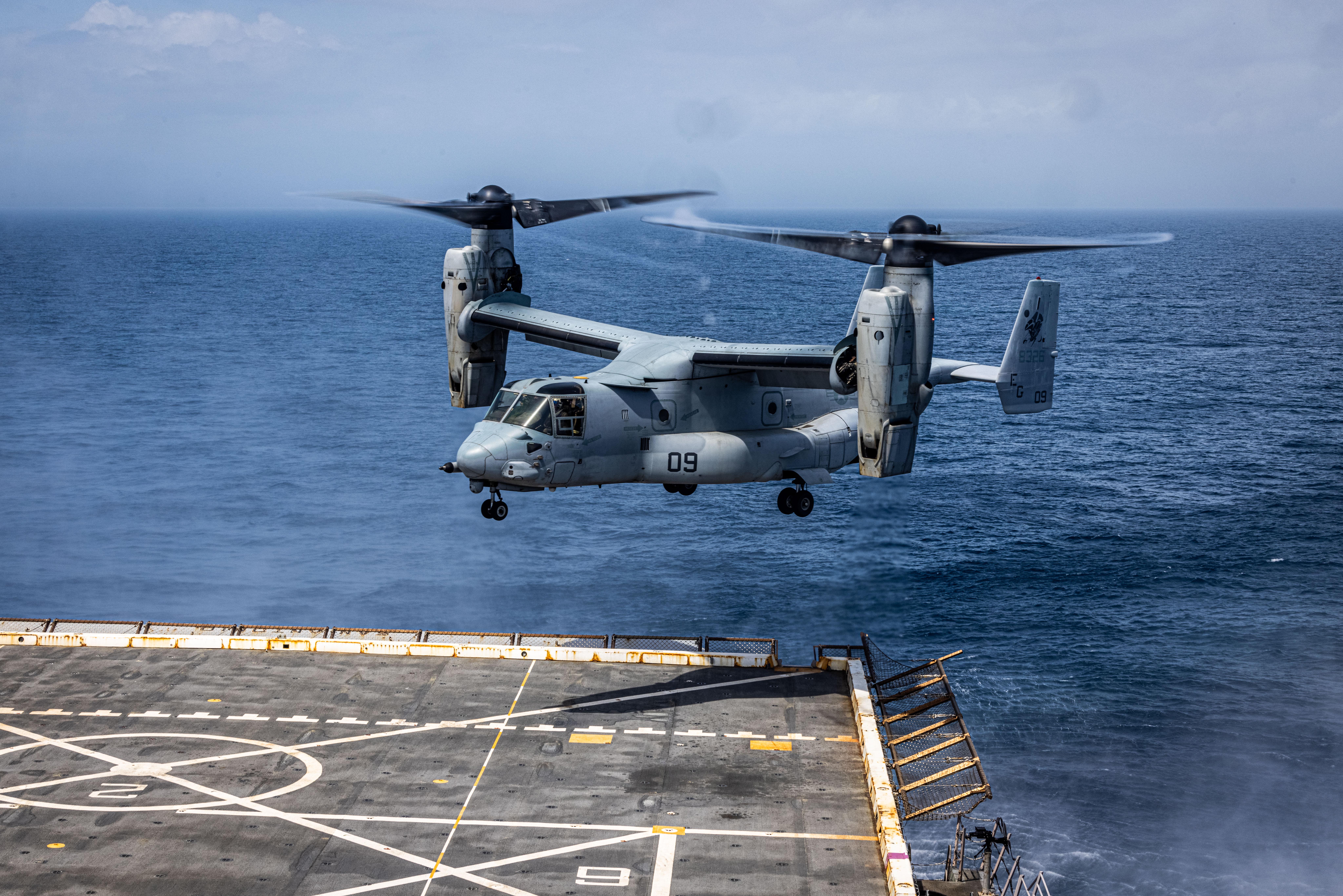 An MV-22 Osprey lands on the San Antonio-class amphibious transport dock  ship USS San Antonio (LPD 17), Iwo Jima Amphibious Readiness Group (ARG),  while underway in the Atlantic Ocean, April 4, 2025. [