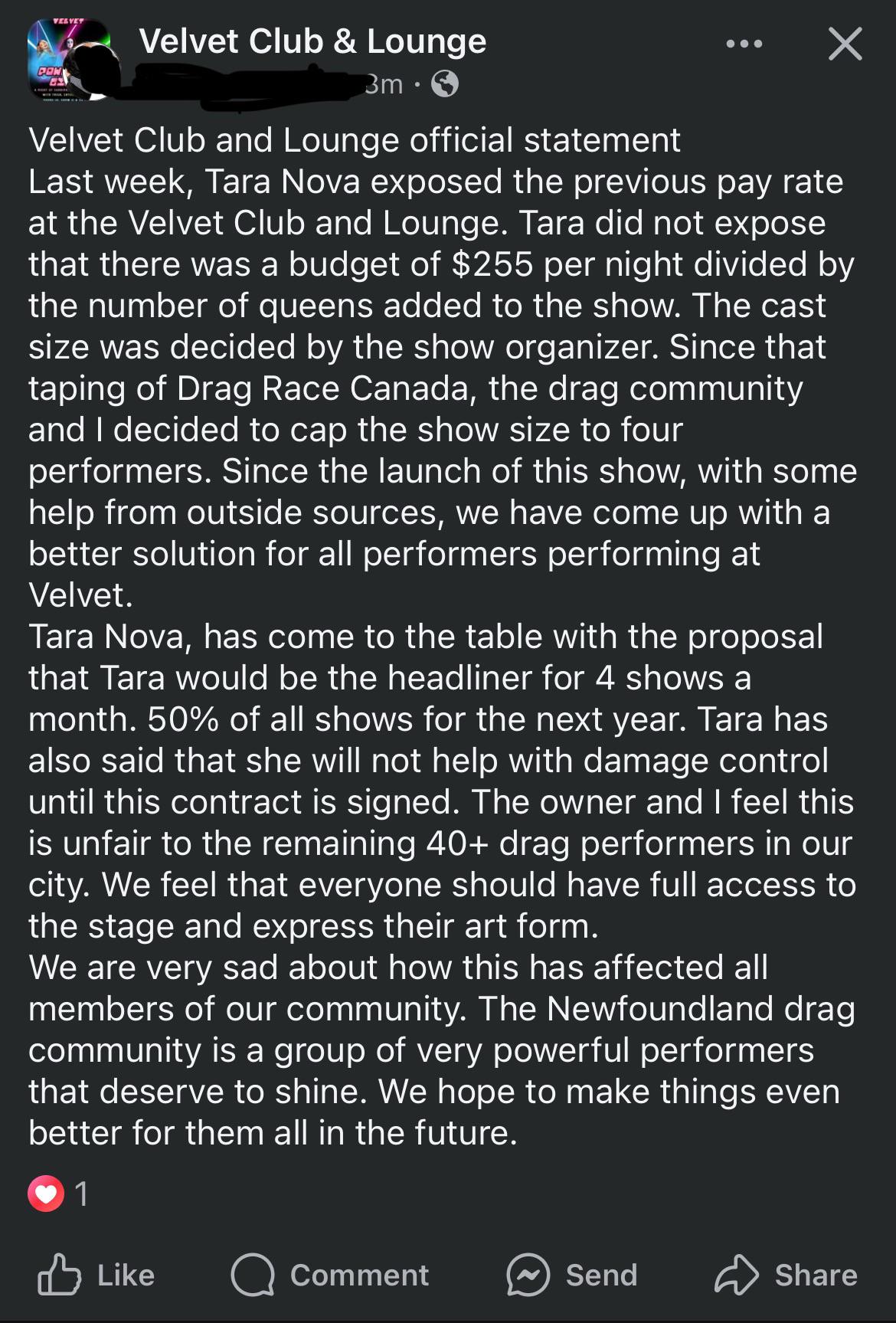 Velvet Club owner issues statement in regards to Tara Novas (RPDR Canada)  call out on $37.50 pay : rRPDRDRAMA