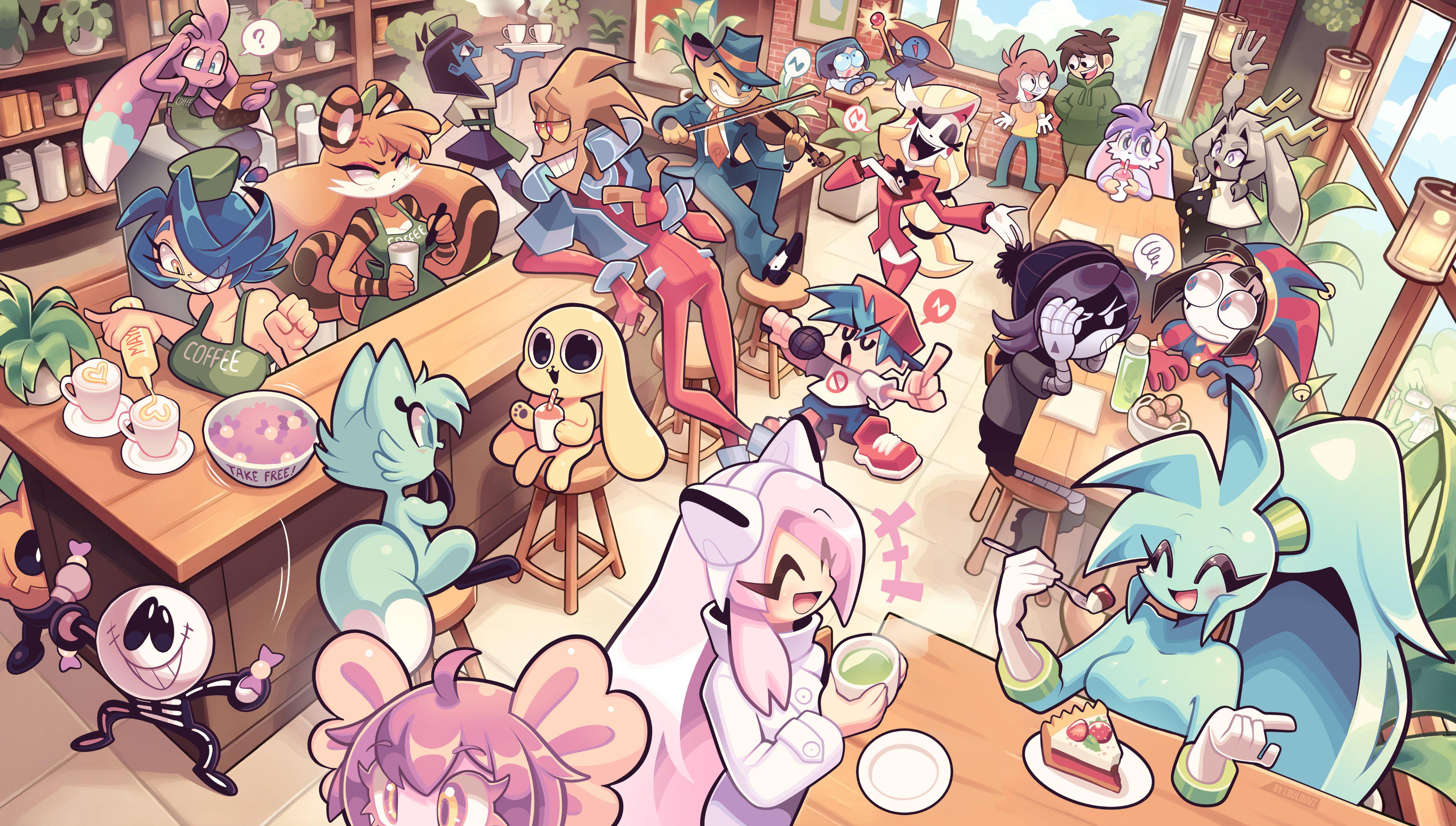 Indie Projects Hanging Out at the Café ^^☕️ Can you recognize all the characters? By @Spaicy_Project : rPseudoregaliaGame
