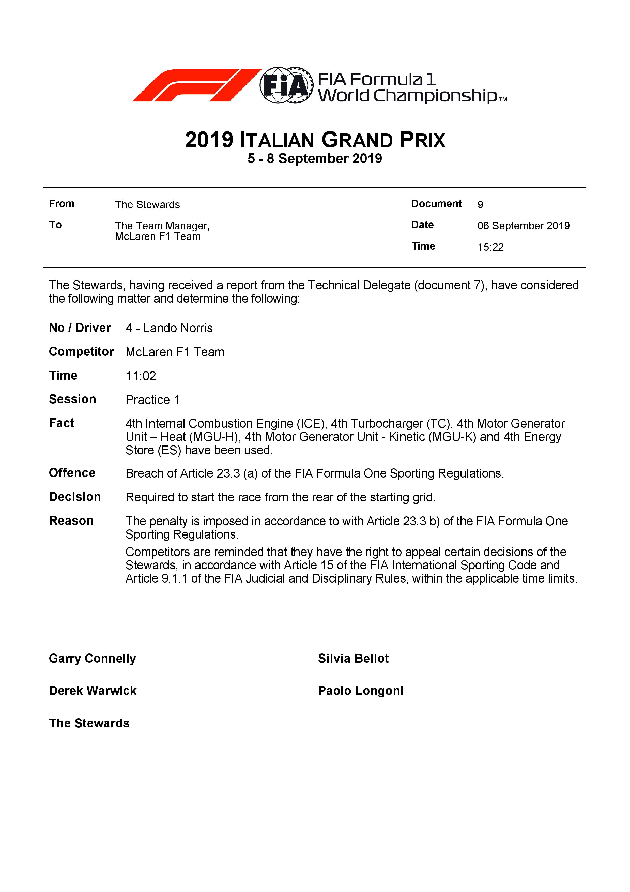 2019 Italian Grand Prix Lando Norris Grid Penalty For Pu