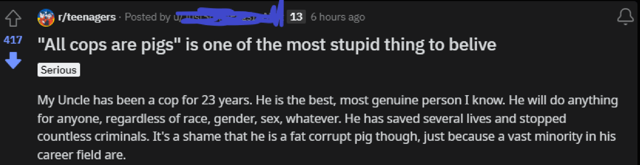 Uninformed child rule (cops enforce immoral laws, and pigs means working for a corrupt system