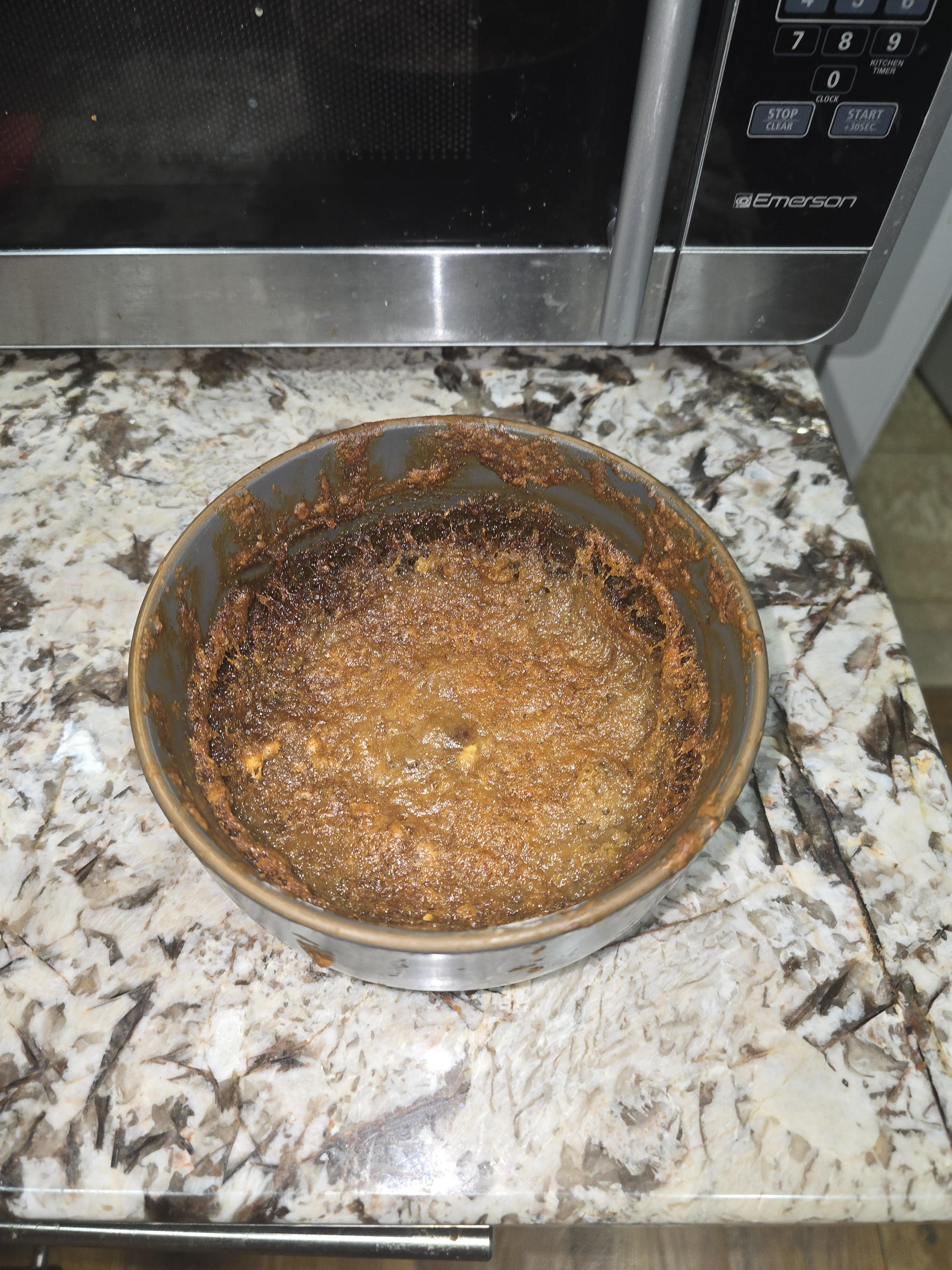 Tried making banana bread cookies but they kept melting, so I thought  putting the whole bowl in the oven would solidify the batter. It didnt. :  rshittyfoodporn