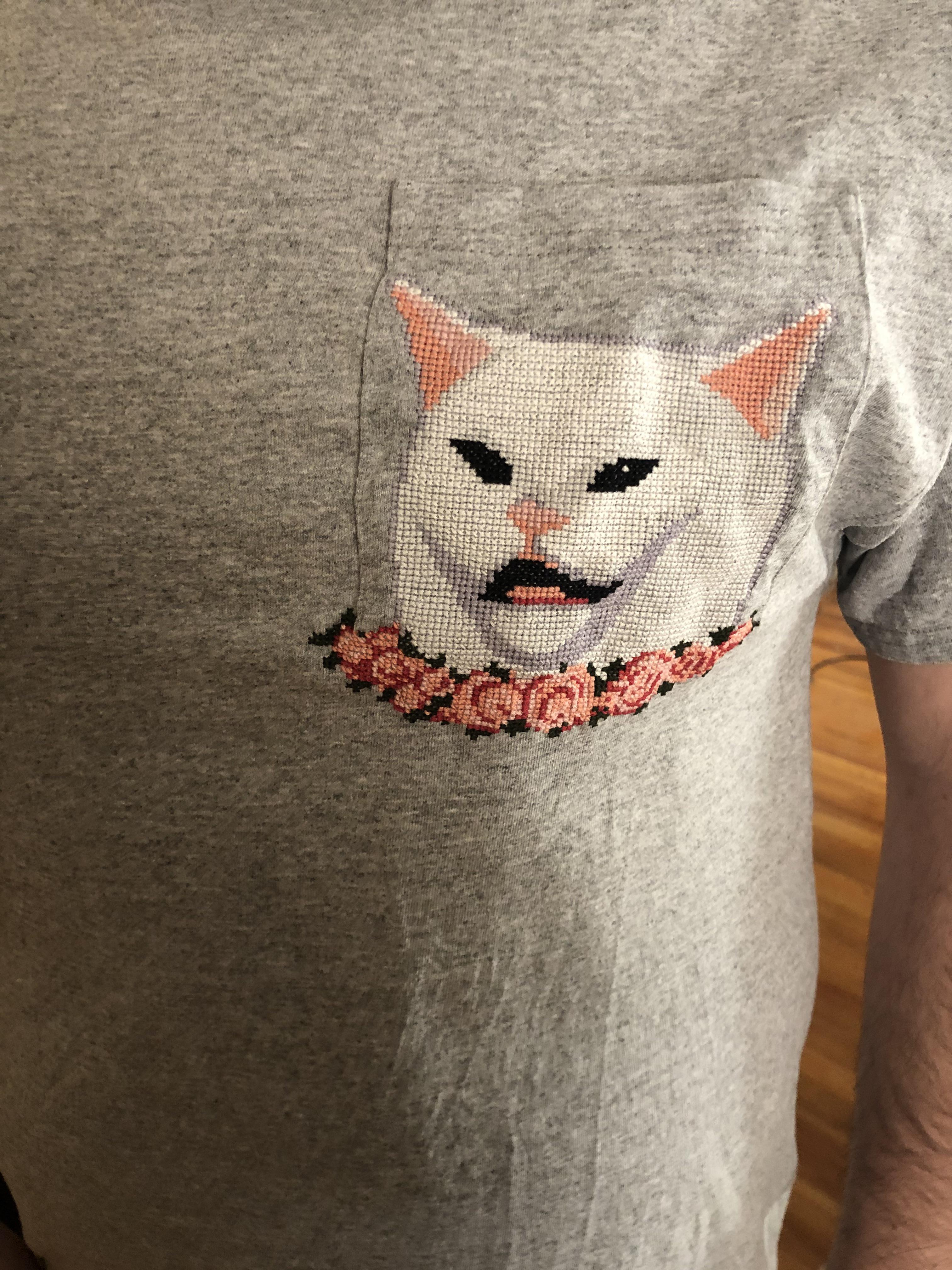 Fo First Time Cross Stitching On Clothing And My Boyfriend S It S Too Nice To Wear Response Is Making Me Look Like This Cat Crossstitch