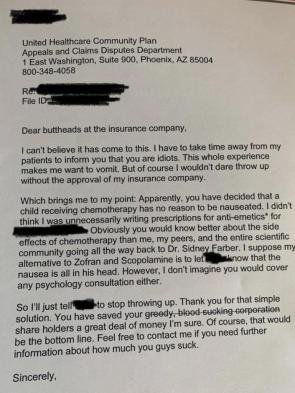 A doctor’s letter to UnitedHeathcare for denying nausea medication to a child on chemotherapy