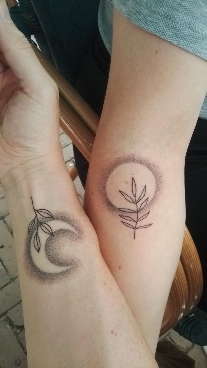 Couple Tattoos With Sun Moon Theme Handpoked By Tombontattoo Insta Tattoo