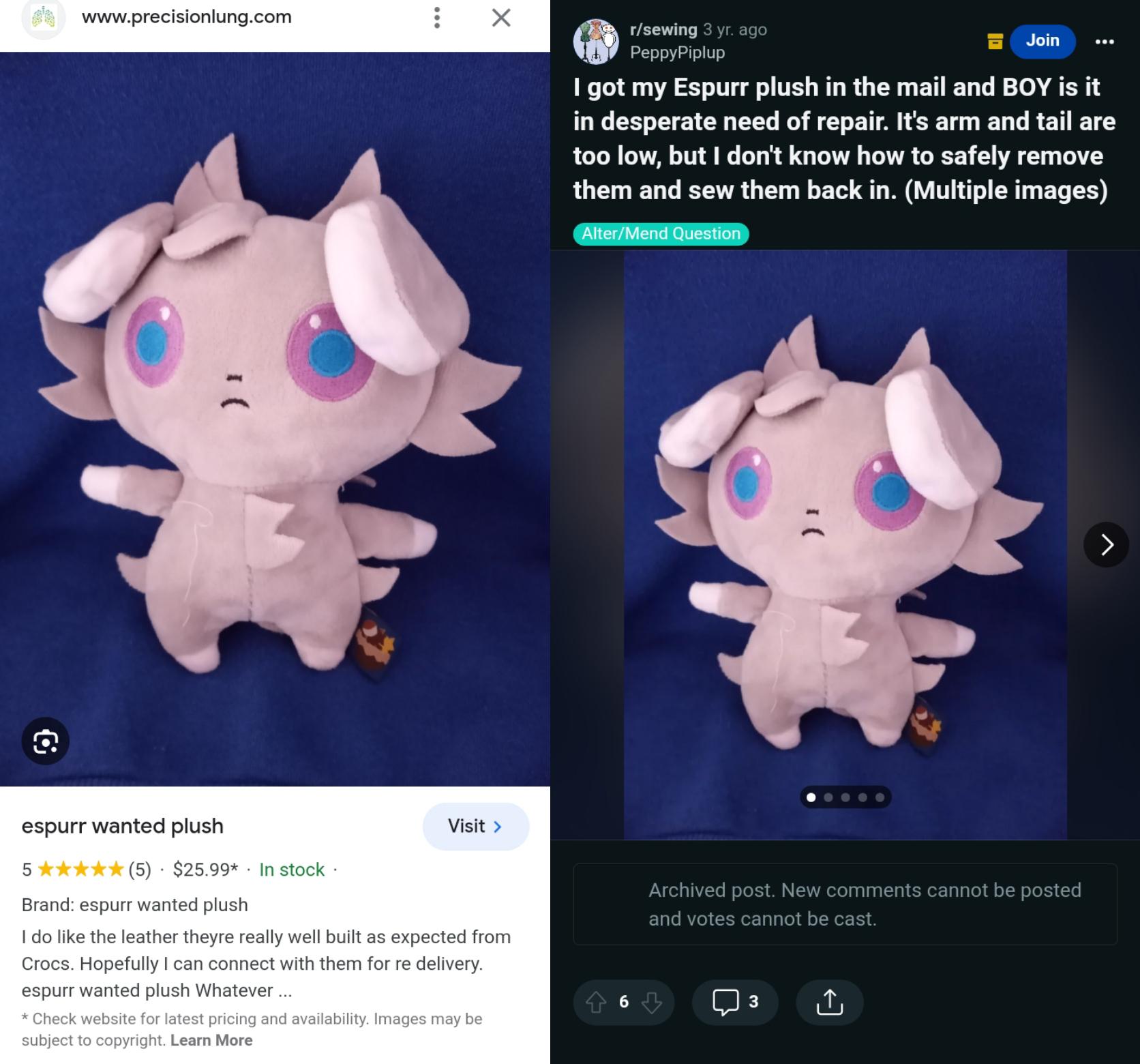 Someone is trying to sell an Espurr plush using a photo of my Espurr plush, specifically the bootlegged badly made one 😂 : rpokeplush