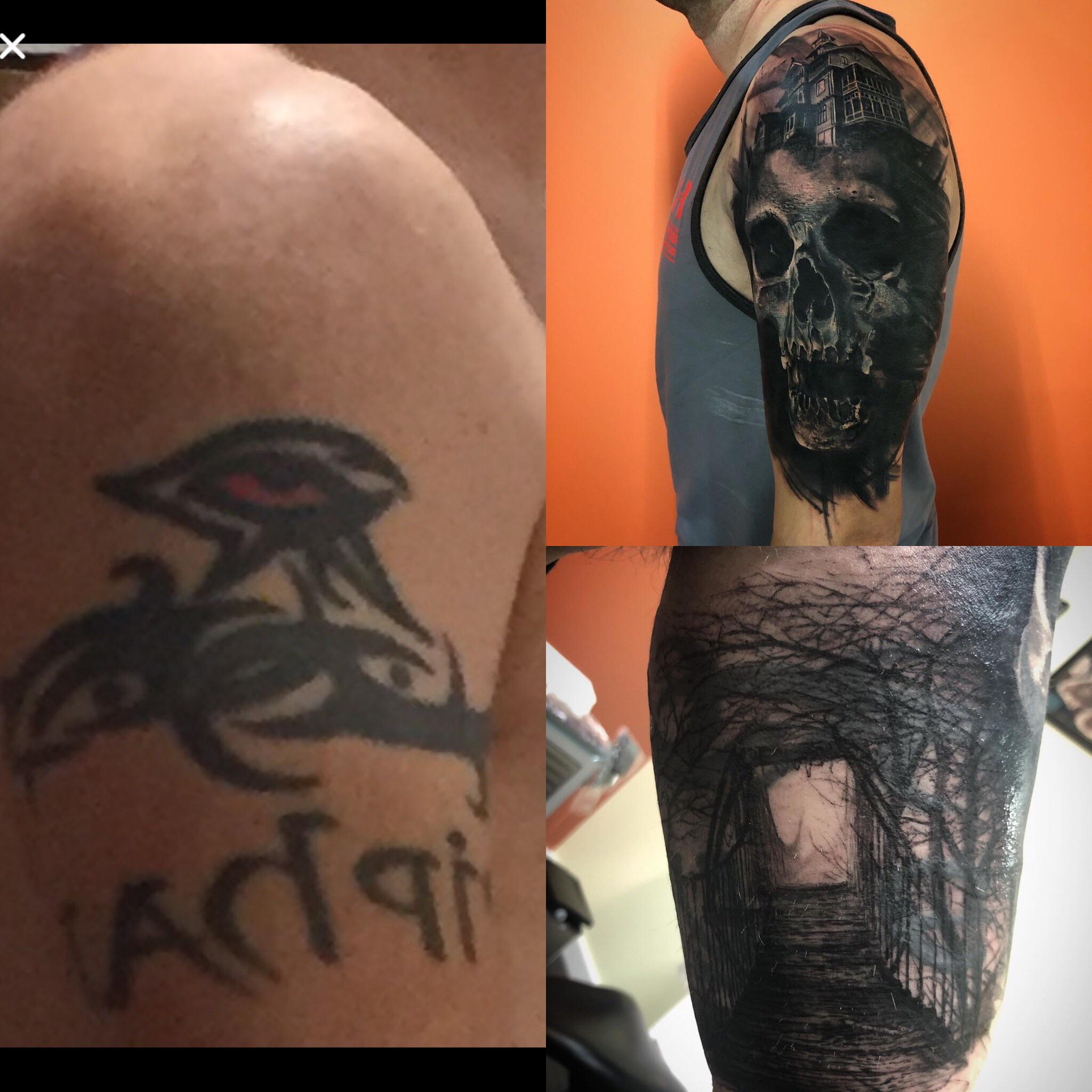 Tribal And Lettering Cover Up In Progress Outside Of Arm Is Done Healed Inner Arm Started Last Night And Will Need One More Session Done By Dustin Swinks At Swinks Tattoo Emporium In