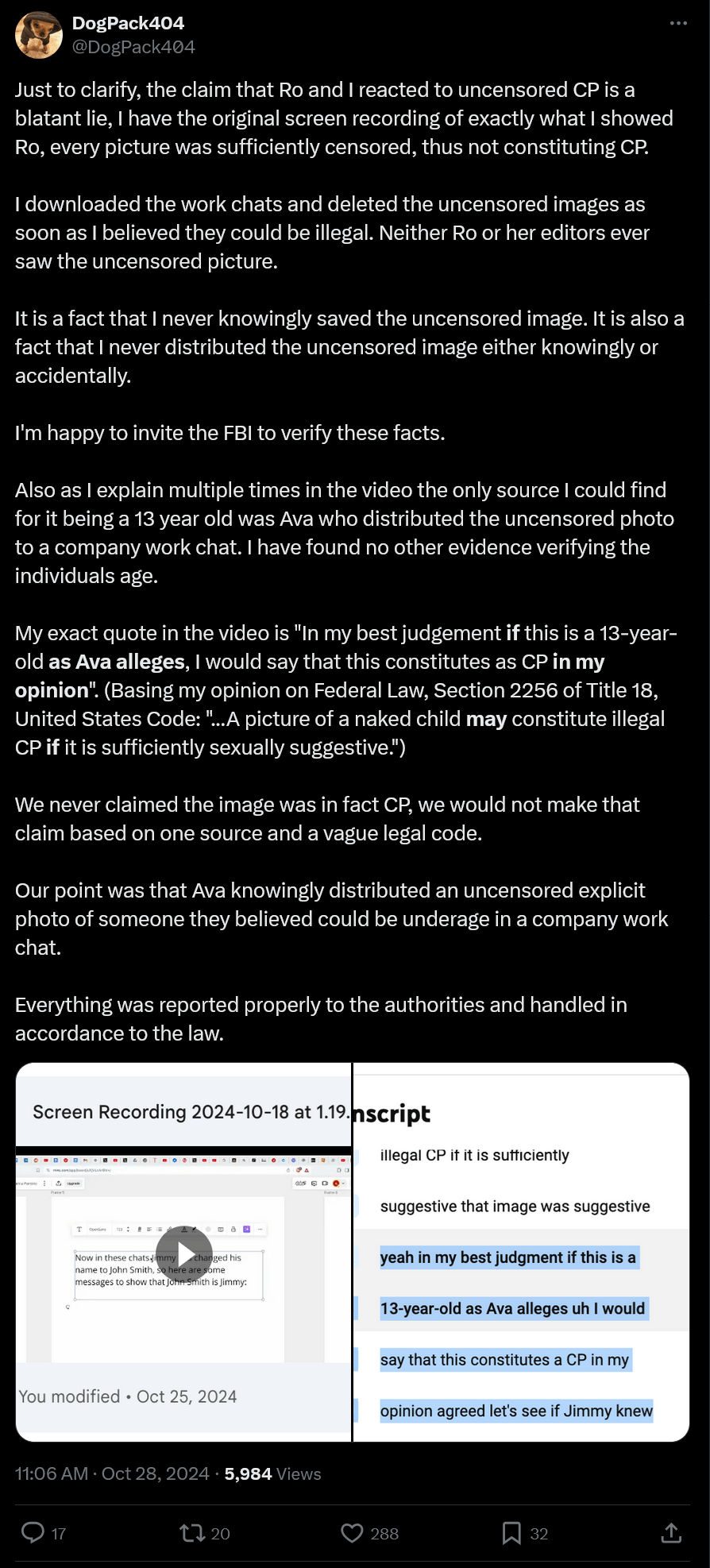 Dogpack Responds to the Claim of looking at CP in the Rosanna Video :  ryoutubedrama