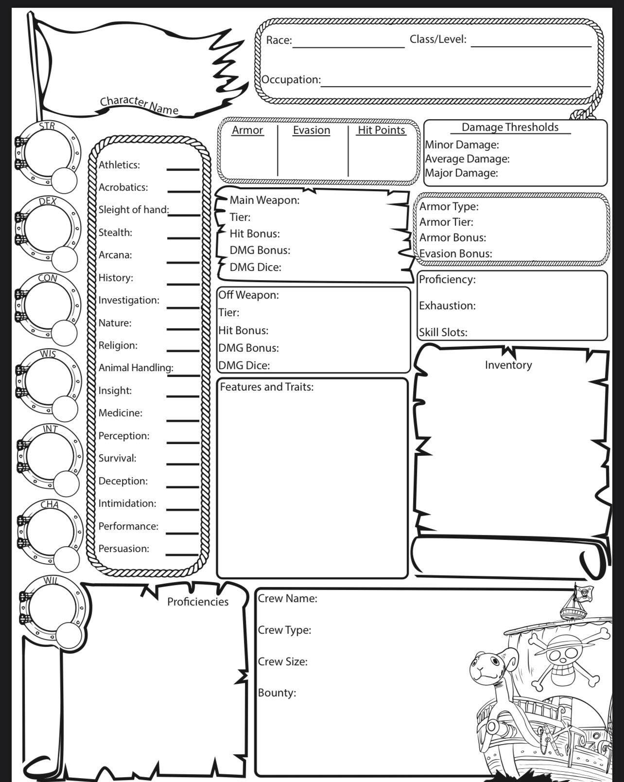 Character Sheet for a Custom One Piece TTRPG System based on 5e. :  rOnePiece