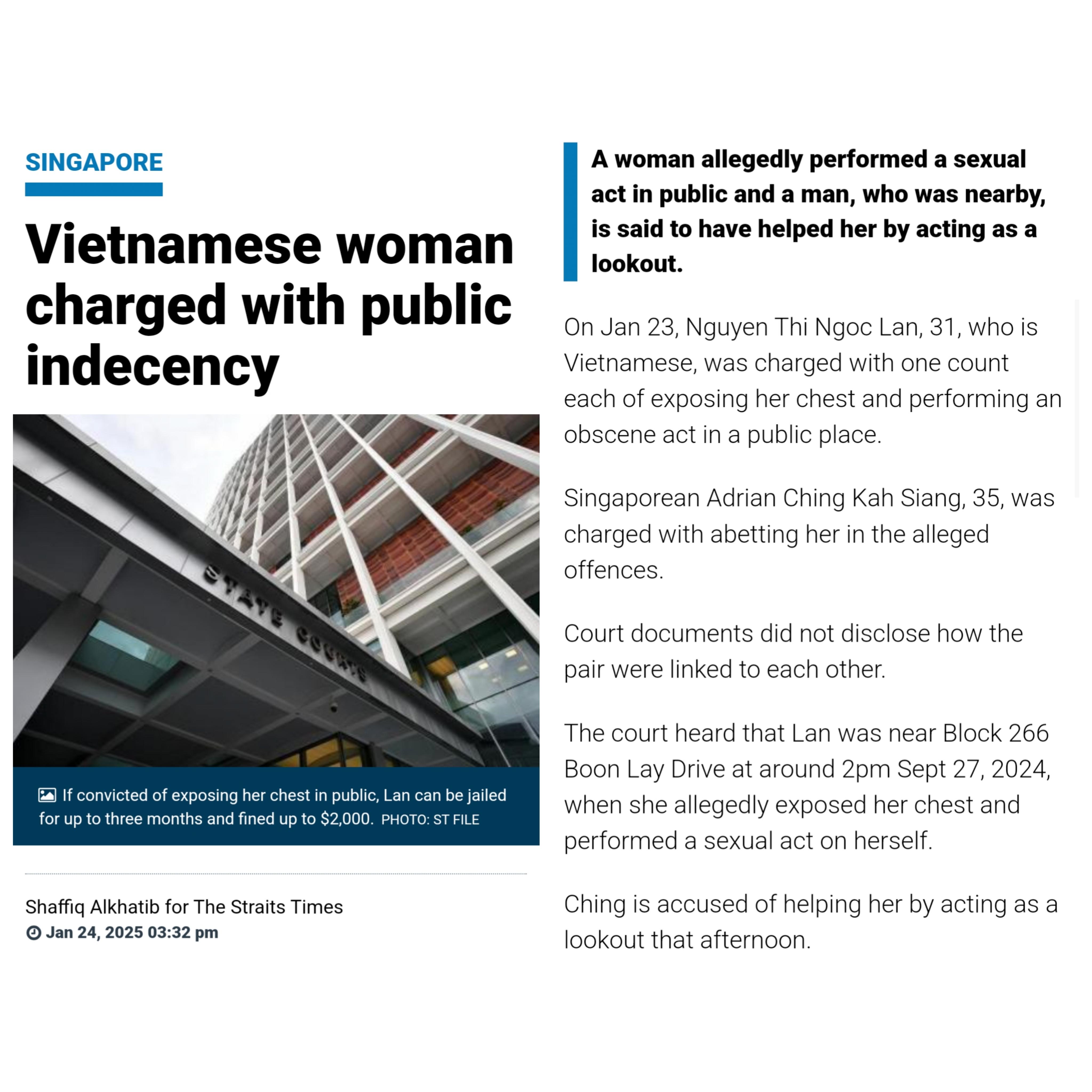 Nguyen Thi Ngoc Lan, 31yo, caught exposing her chest & performing sex act  at Blk266 Boon Lay Drive on Sept 27, 2024, with Singaporean Adrian Ching  Kah Siang, 35yo, abetting her in