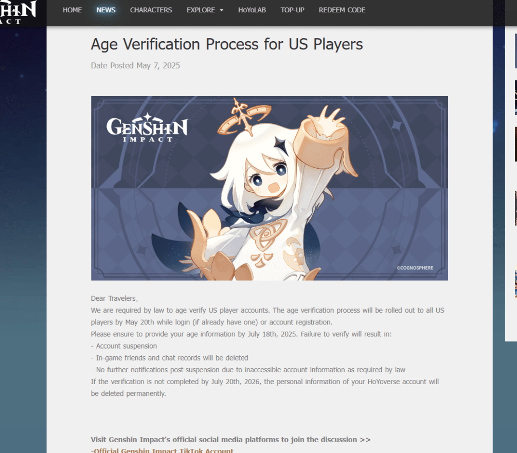 Genshin Impact will require Age verification for US Players by July 20th :  rGenshin_Impact