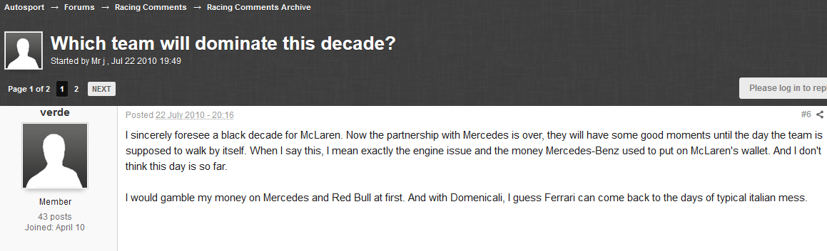 Guy From Forum Back In 2010 Predicts The Future Of F1