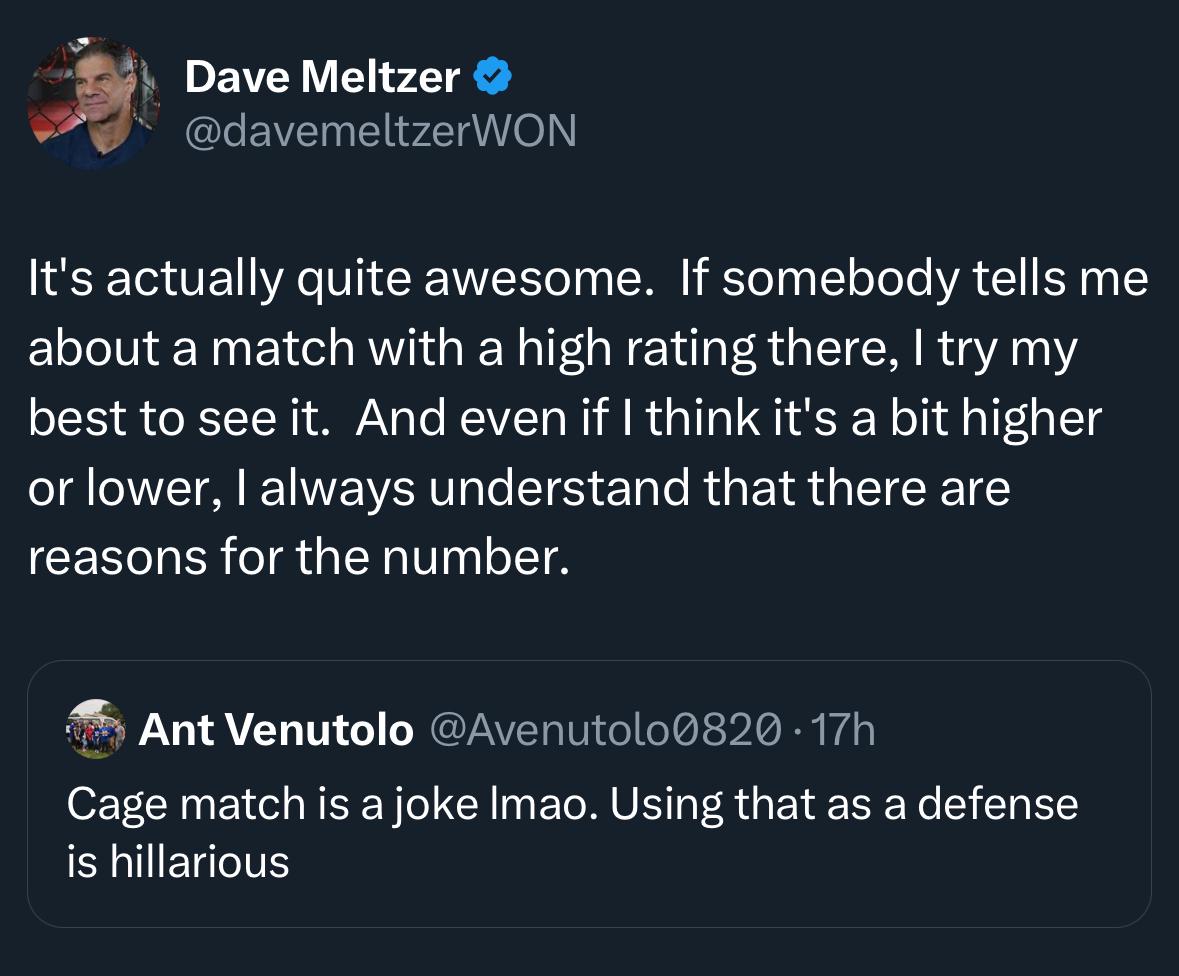 Meltzer on Cagematch: “Its actually quite awesome. If somebody tells me  about a match with a high rating there, I try my best to see it. And even  if I think its