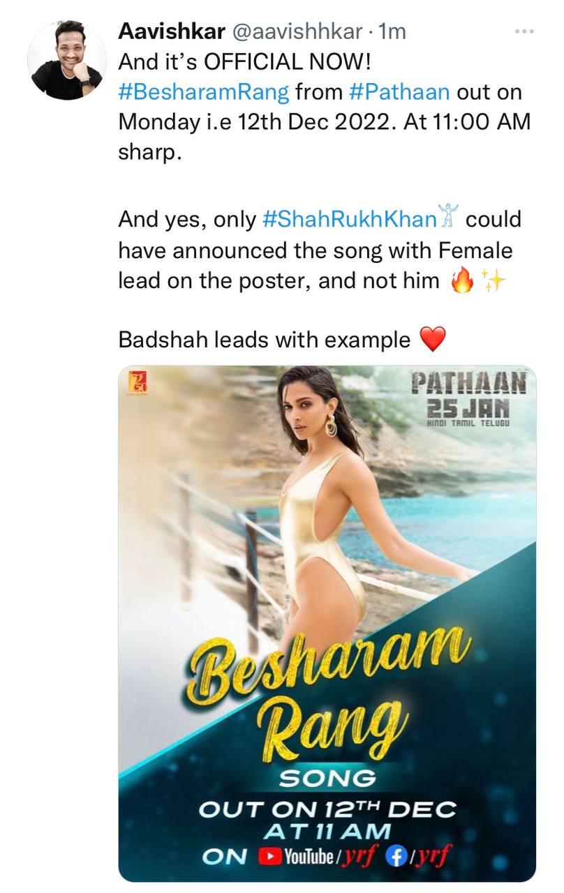 SRK officially announces Pathaans first song Besharam Rang for 12th  December, 11 am : rBollyBlindsNGossip