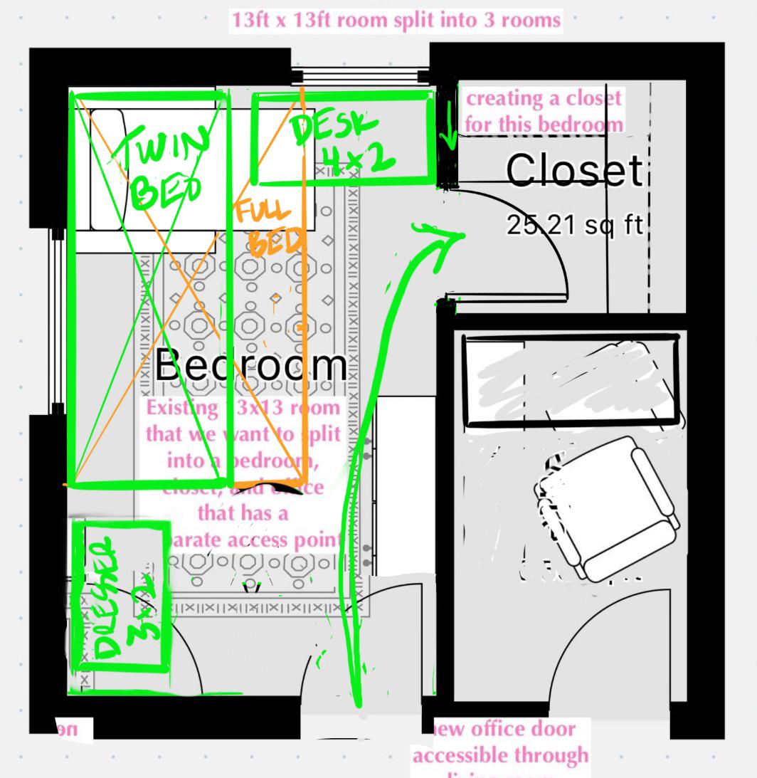 Temos uma sala de 13x13 que queremos dividir em 3 novos espaços: como você  faria melhor? : rfloorplan