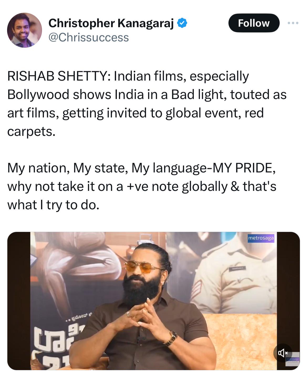 Rishab Shetty: Indian films, especially Bollywood shows India in a Bad light : rBollyBlindsNGossip