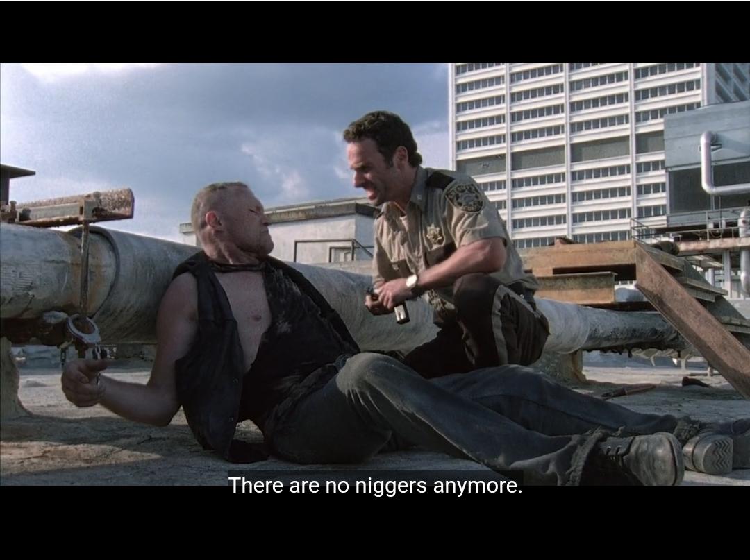 In The Walking Dead (2010) in S1E2 at 14:03 Rick who is a sheriff says the  N word with hard R. This is a reference to the fact that American police is