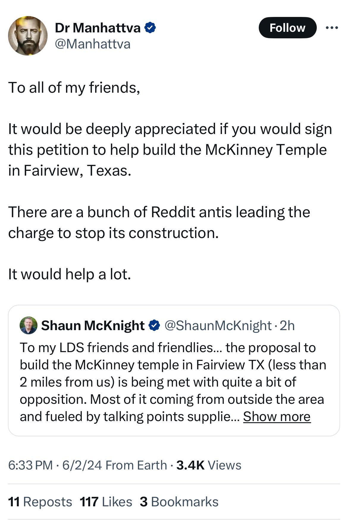 Mormonların kötü komşular olduğuna dair daha fazla kanıt - Tanınmış bir LDS  twitter kullanıcısı, 10.5 bin takipçisine McKinney TX tapınağı için mektup  göndermelerini söylüyor. Kendisi UTde. : rexmormon