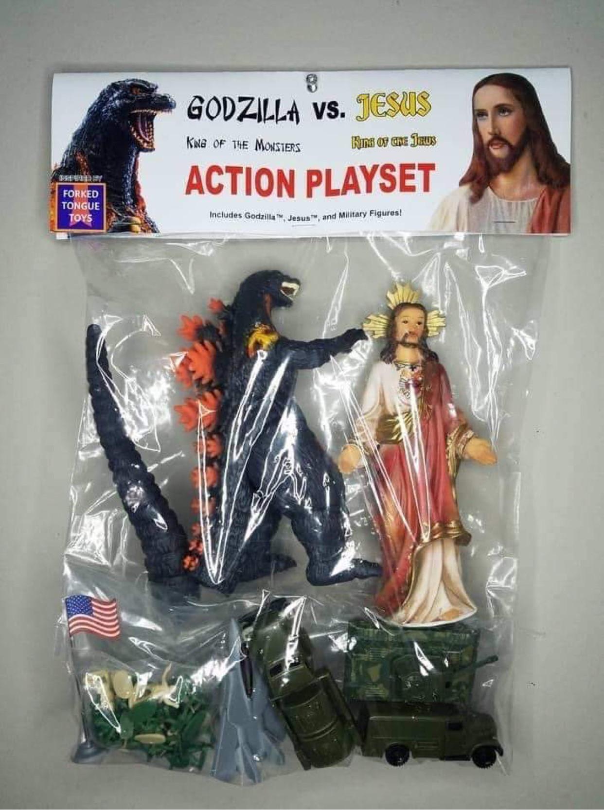 Press j to jump to the feed. Godzilla vs. Jesus Action Playset â spotted by my brother