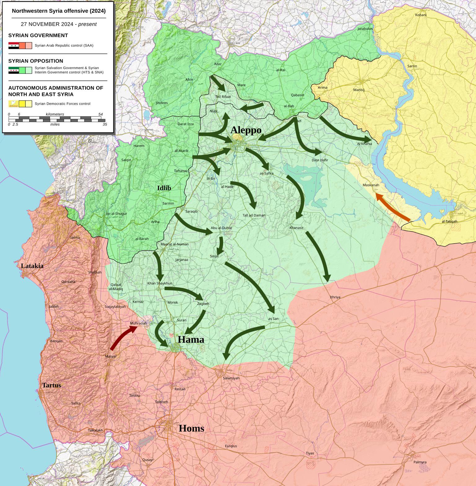 Situation in Syria after rebels captured Hama. Rebels also advanced towards  Salamiyah and are on the brink of entering that town too. A push towards  Homs is now expected to coming days. :
