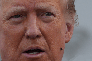 A fly sits on the face of Donald J. Trump at his Press Conference in Bedminster, New Jerse (8-15-24)