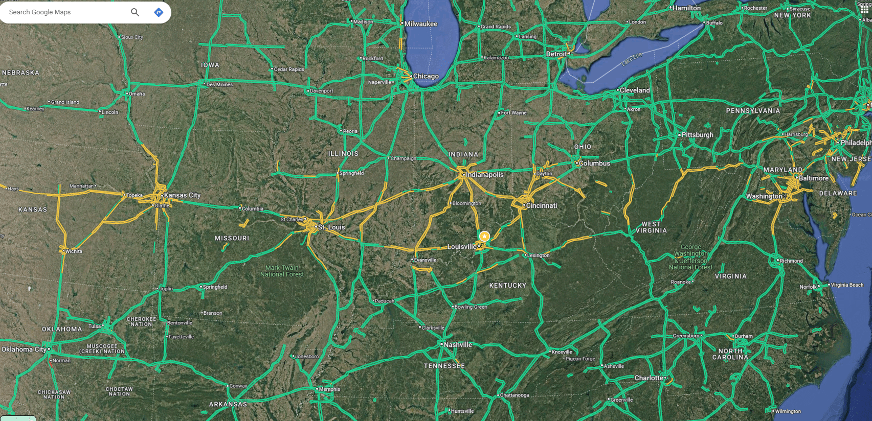 Google Maps traffic overlay shows the path of Winter Storm Blair : rMapPorn