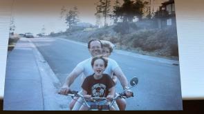 My Dad and I, going for a ride on his 1976 Honda CB750. I miss him. (August 1984)