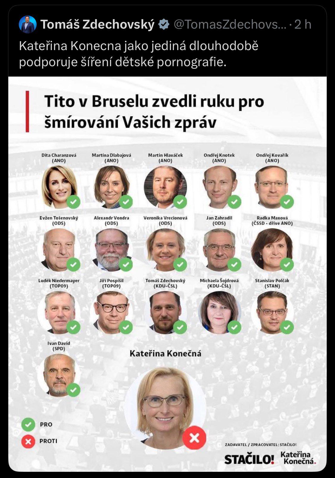 According to Tomáš Zdechovský, anyone who doesnt support chat control is spreading child pornography (he already deleted it) : rczech