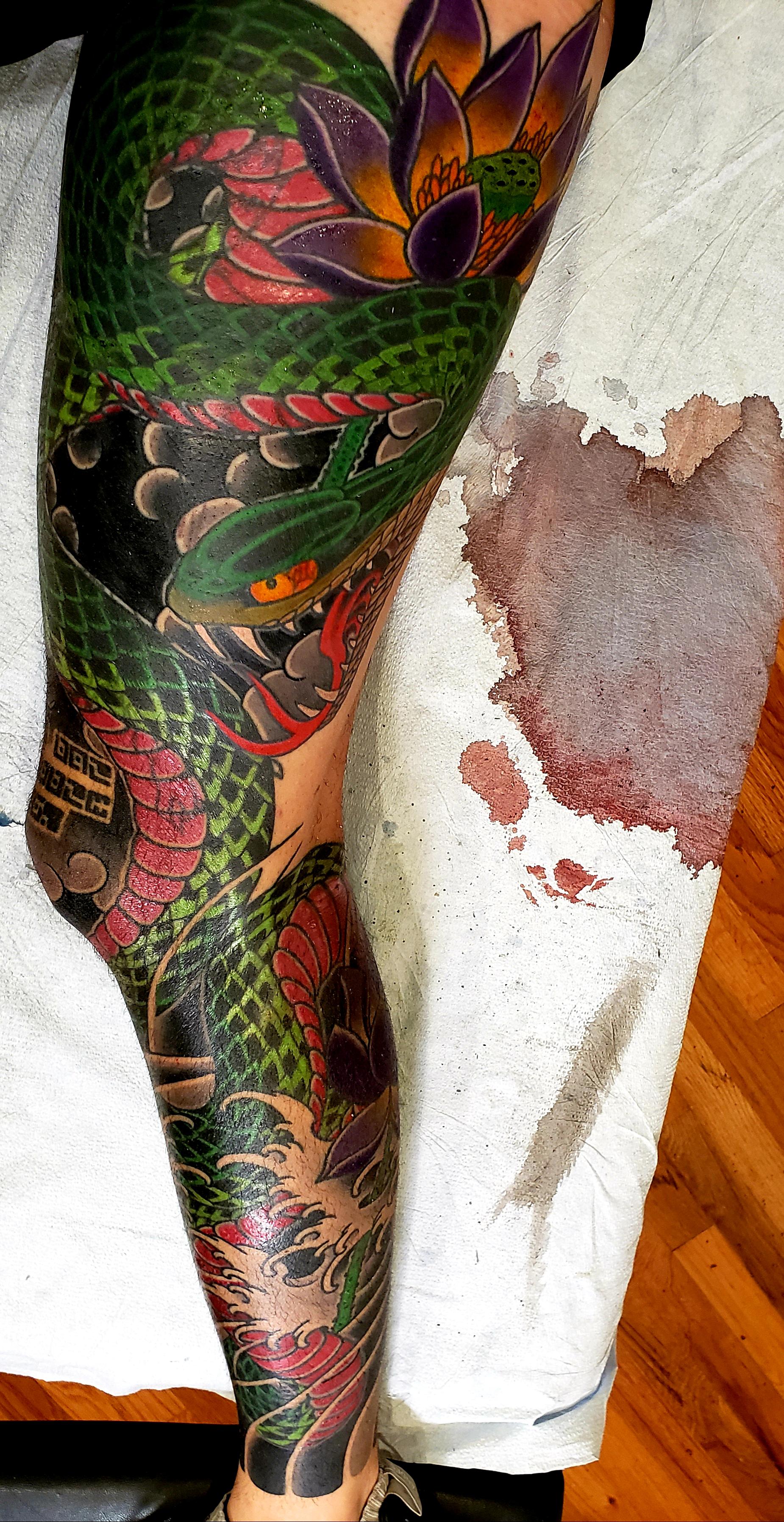 Leg Sleeve Done! Cover Up Of An Old Tatt Above The Knee. The Senjafuda Is A Different Color But Is Outlined In Fed From Fresh Blood. Around The Kanji Is A Blue 3590_x_1850_jpg