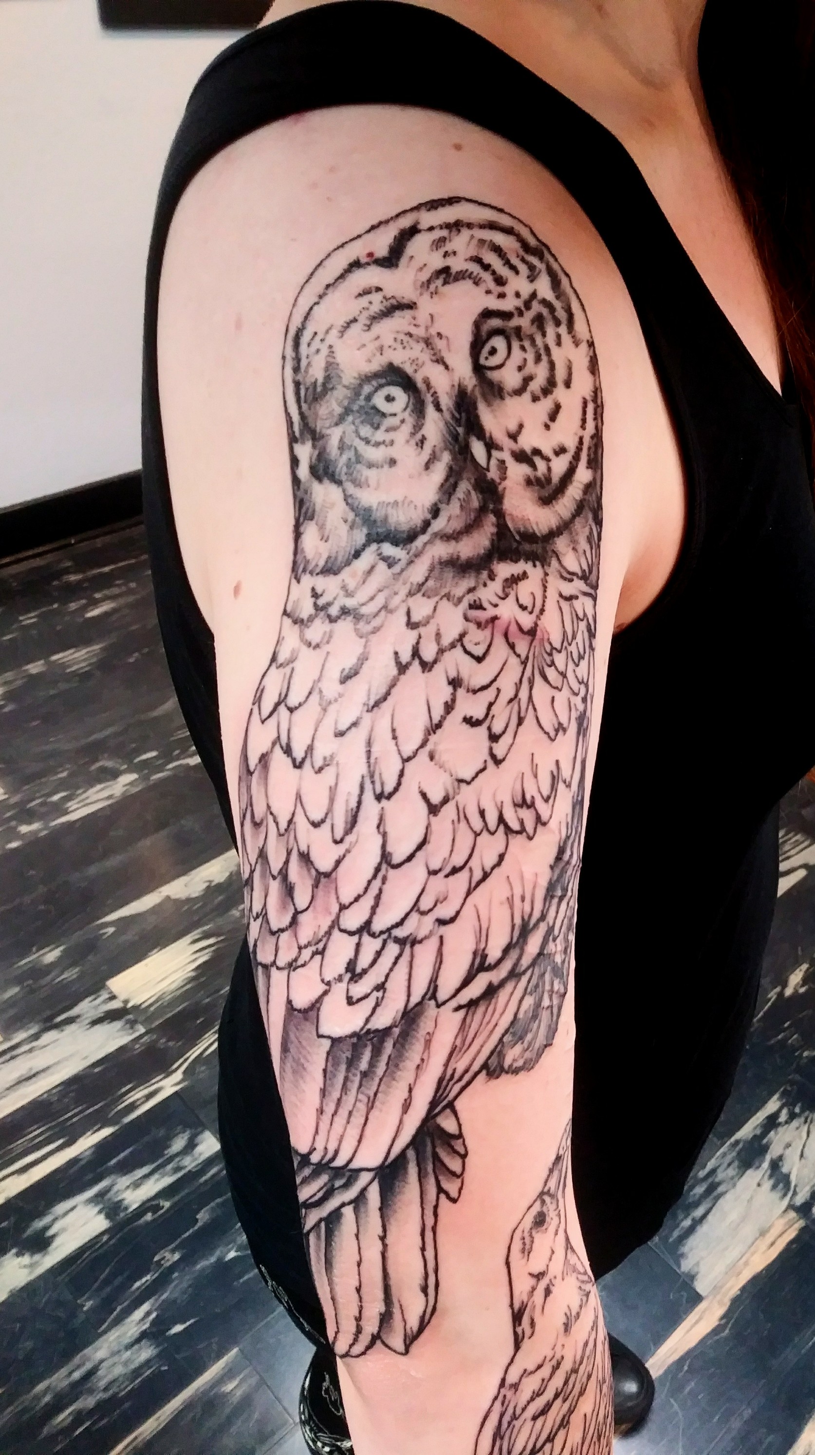 Thought I D Share My Great Gray Owl Tattoo I Just Got 3 Just The Outline For Now Will Be Colored And Shaded More Next Session And The Black Dot Next To One
