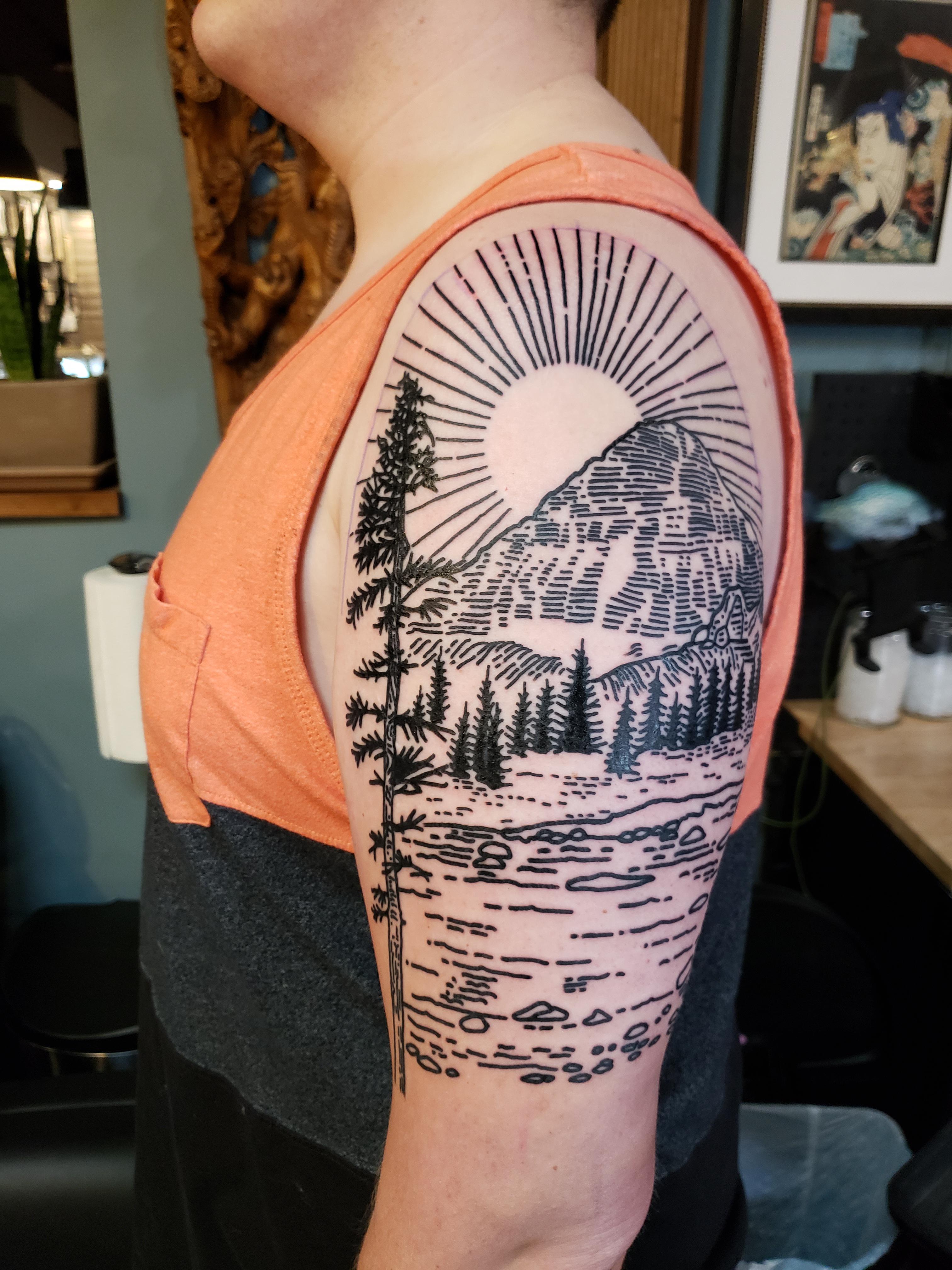 Woodcut Style Tattoo Of Glacier Np By Reid Gossmire Therealwinniecooper At Leviticus Tattoo In St Paul Mn Love How It Turned Out Tattoo