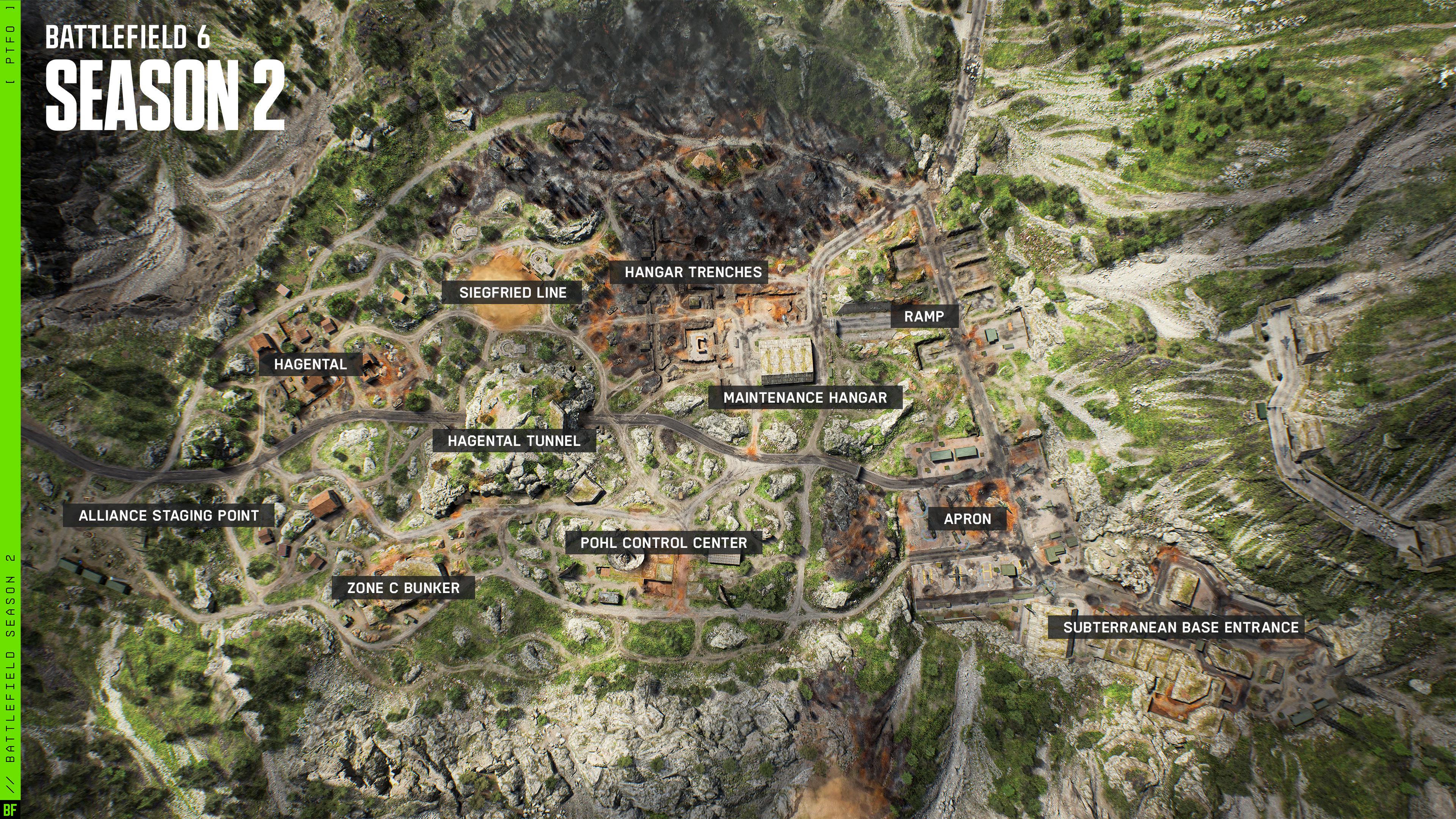 r/Battlefield - O 4 BATTLEFIELD 6 SEASON 2 HANGAR TRENCHES SIEGFRIED LINE RAMP HAGENTAL MAINTENANCE HANGAR HAGENTAL TUNNEL ALLIANCE STAGING POINT APRON POHL CONTROL CENTER QU ZONE C BUNKER 1 O 1 SUBTERRANEAN BASE ENTRANCE BF 969