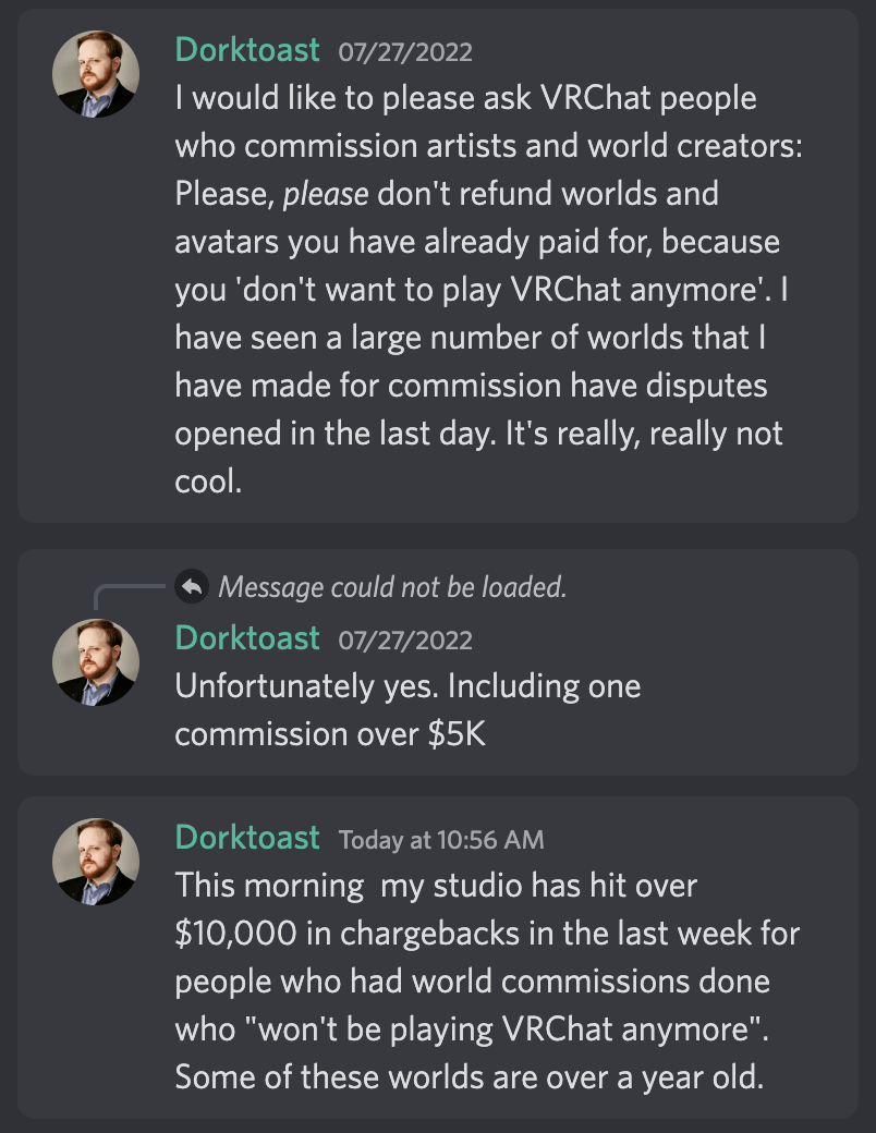 Filing Chargebacks for commissions is a bad move, especially since its easy  to port to other unity games, and it being over a YEAR since completion :  rVRchat