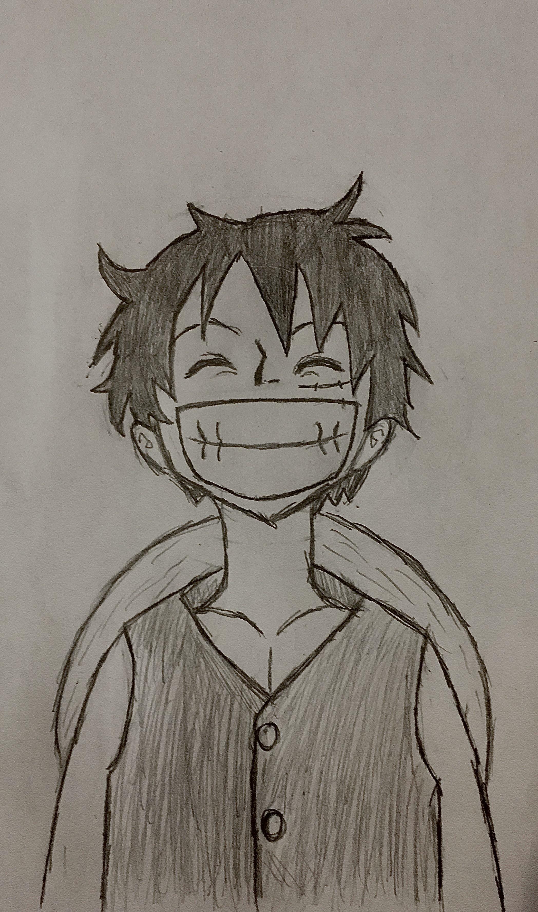 I got bored in class and I drew Luffy. Bear with me I don't draw, at all,  and I thought it came out pretty cool, hope you all like it. : rOnePiece
