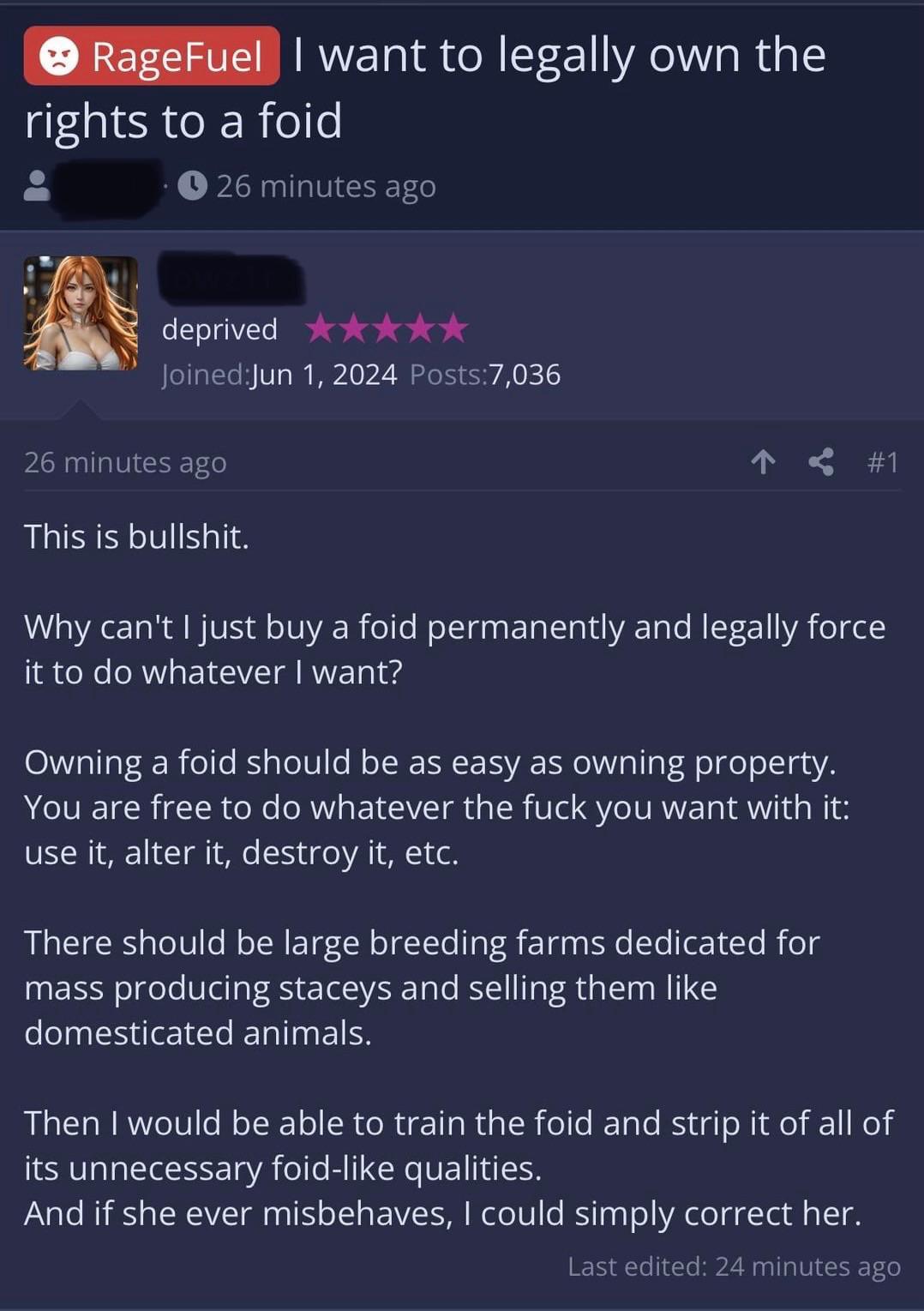 Idiot who averages 500 posts a day believes that women should be property :  rNotHowGirlsWork