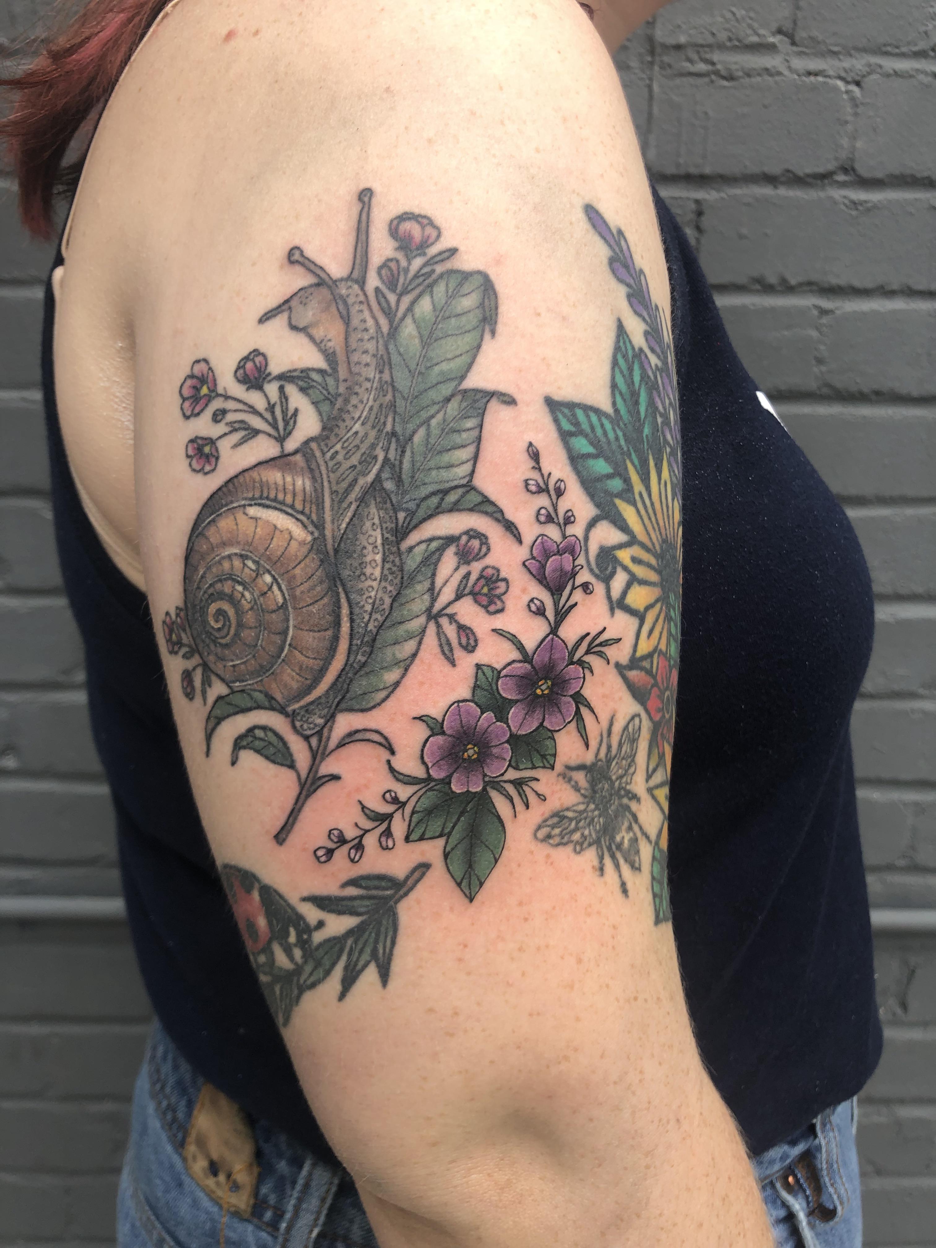 Added Some Violets To My Flower And Bug Half Sleeve Done By Hannah Evans At Faithful And True In Fresno Ca Tattoos