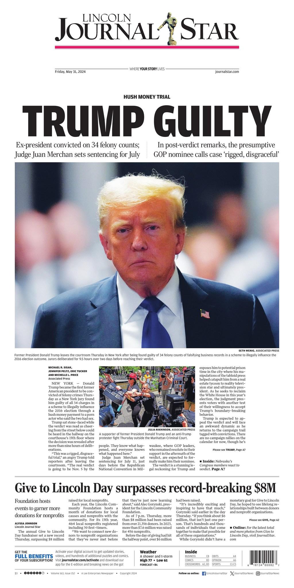Fridays Lincoln Journal Star front page. : rlincoln