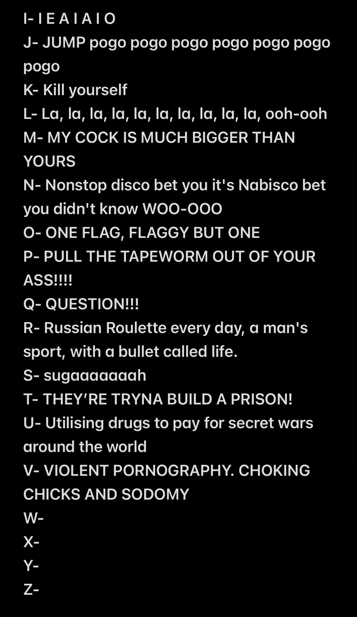 V stands for VIOLENT PORNOGRAPHY. CHOKING CHICKS AND SODOMY. W stands for…  : rsystemofadown