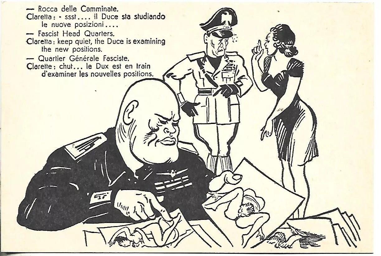 Silenzio, il Duce sta esaminando le nuove posizioni — cartolina  antifascista italiana (ca. 1944) che mostra Mussolini che guarda materiale  pornografico mentre la sua amante, Claretta, fa segno di silenzio a un