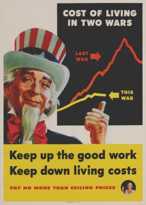 US WW2 poster: Keep up the good work, Keep down living costs. 1944.