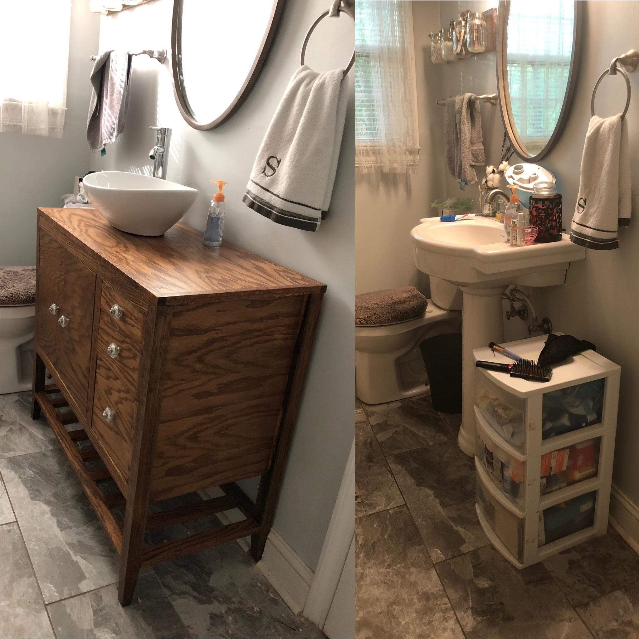 Couldn’t find a vanity to replace our pedestal sink so i made this one