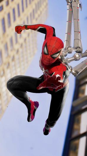 Advanced Suit 2.0 with default skin red, black secondary color, and red lights on the Spider-Arms