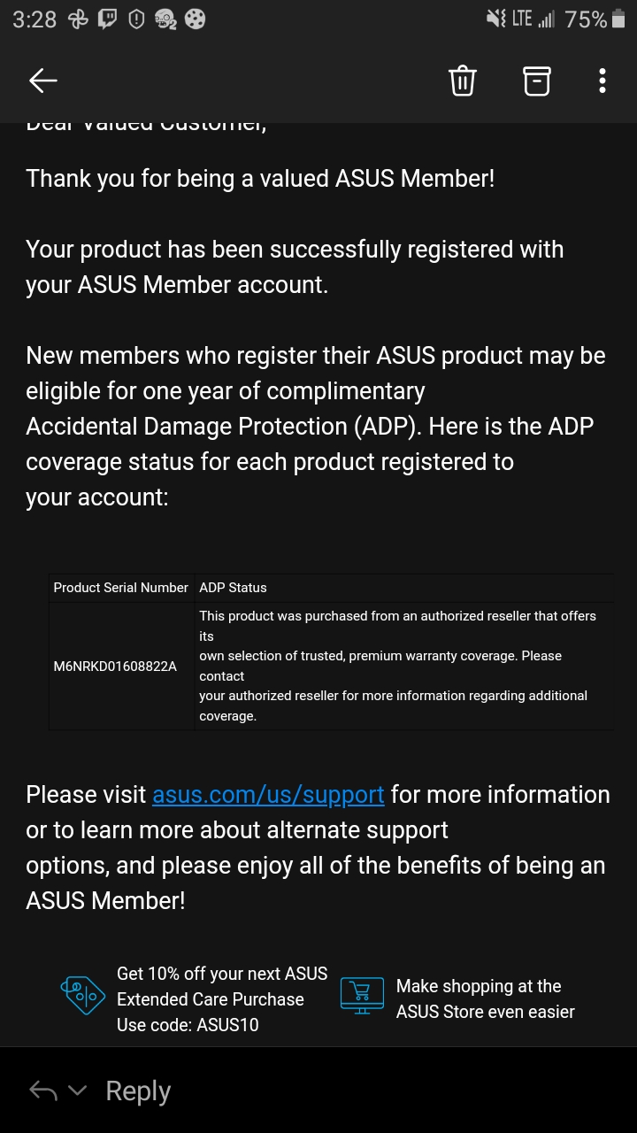watch out asus sn locks bestbuy products so you cant use their adp and or get the free year rgaminglaptops on best buy adp code